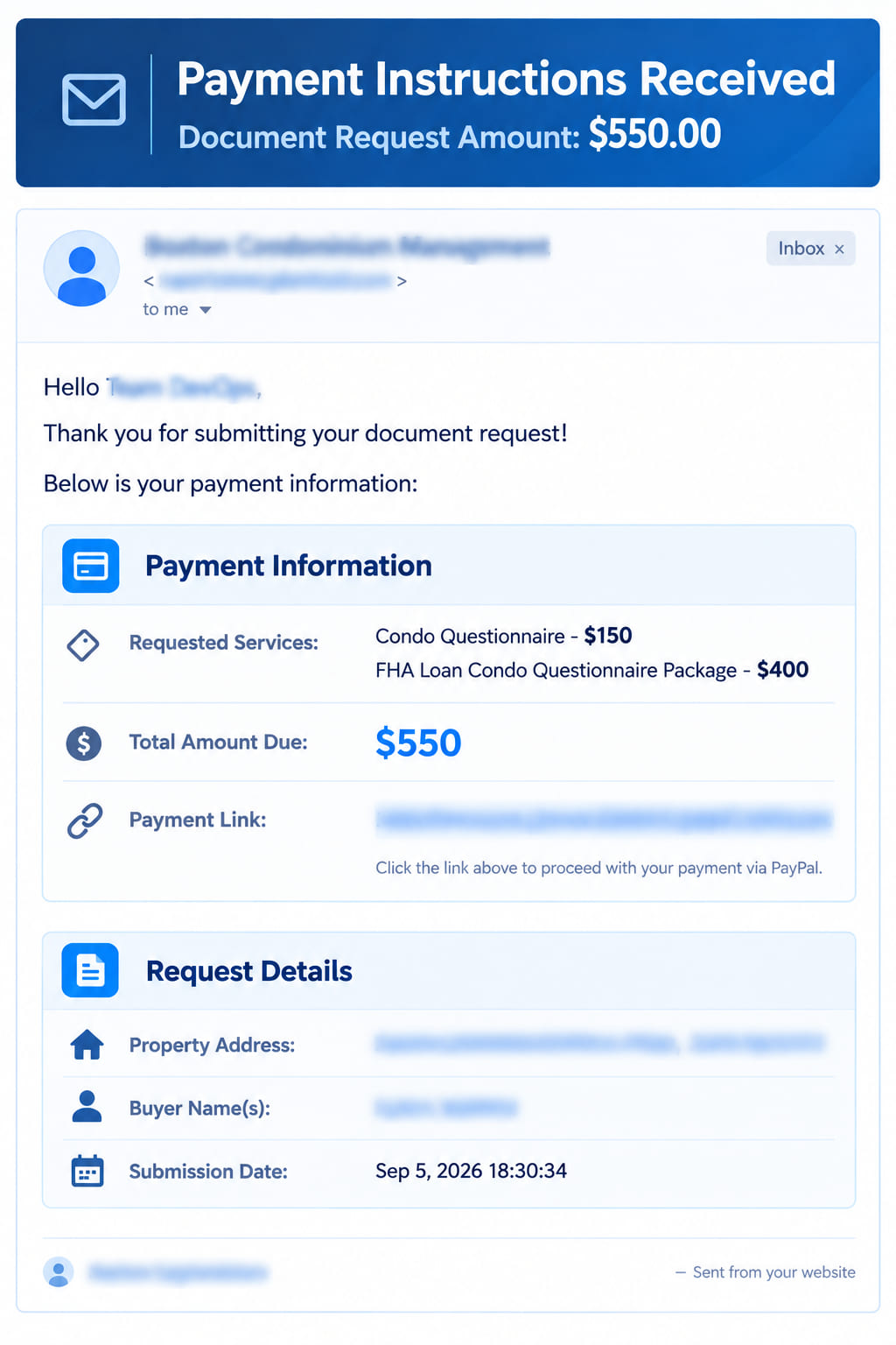 Real automated inquiry email generated from a client's website form